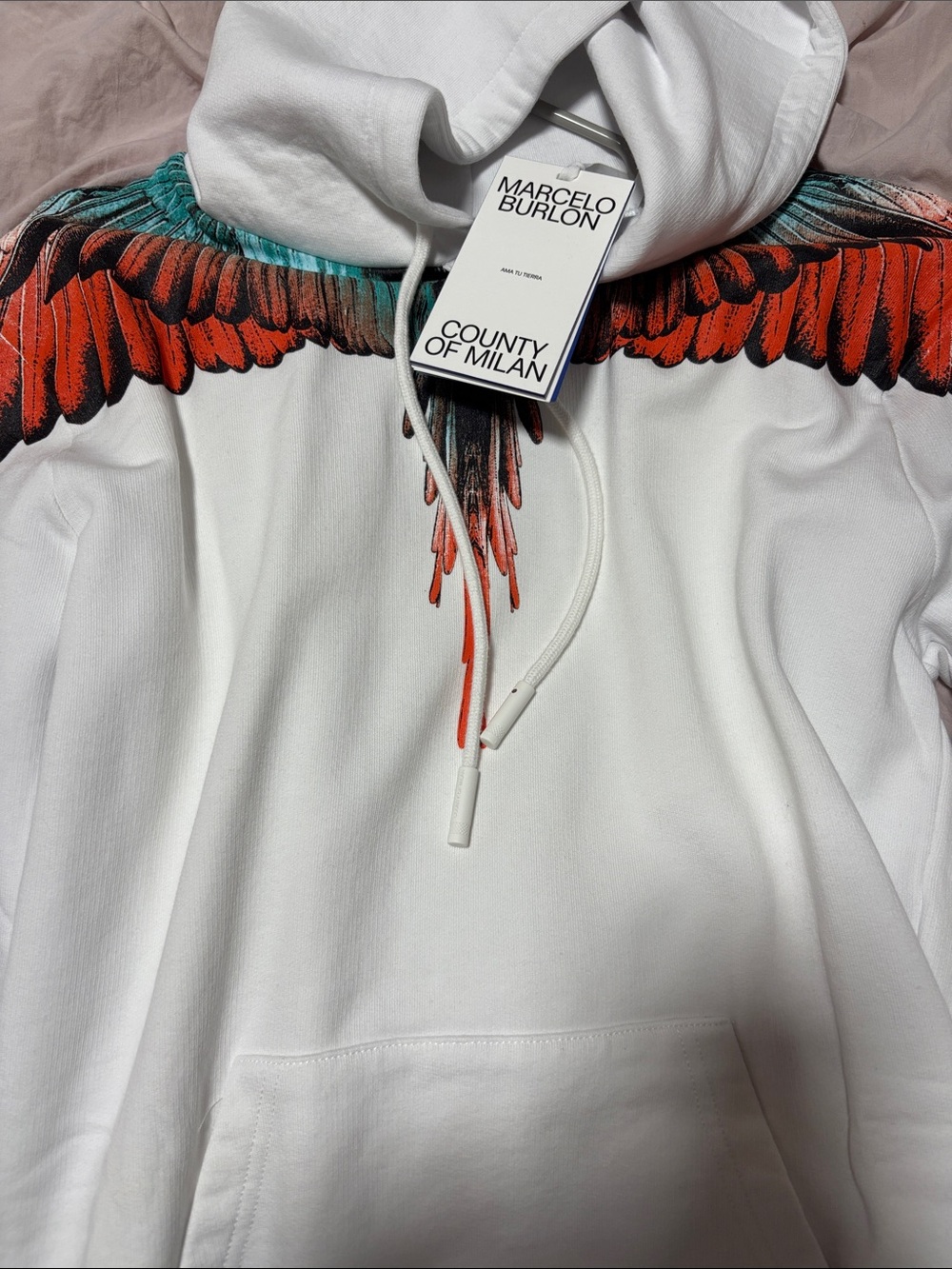 Marcelo Burlon County of Milan White Hoodie with Red and Teal Wing Graphic